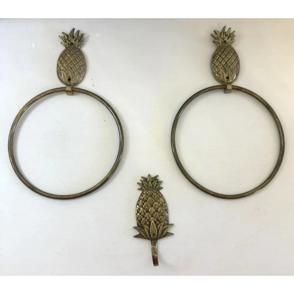 Brass Pineapple Towel‎ Rings Wall Hook Tropical Bath Decor Set Of 3 Taiwan